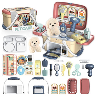 兒童寵物護理玩具套裝，23 件兒童獸醫套裝，帶寵物箱和毛絨狗，用於治療和美容，適合 3 - 7 歲男孩女孩的獸醫角色扮演