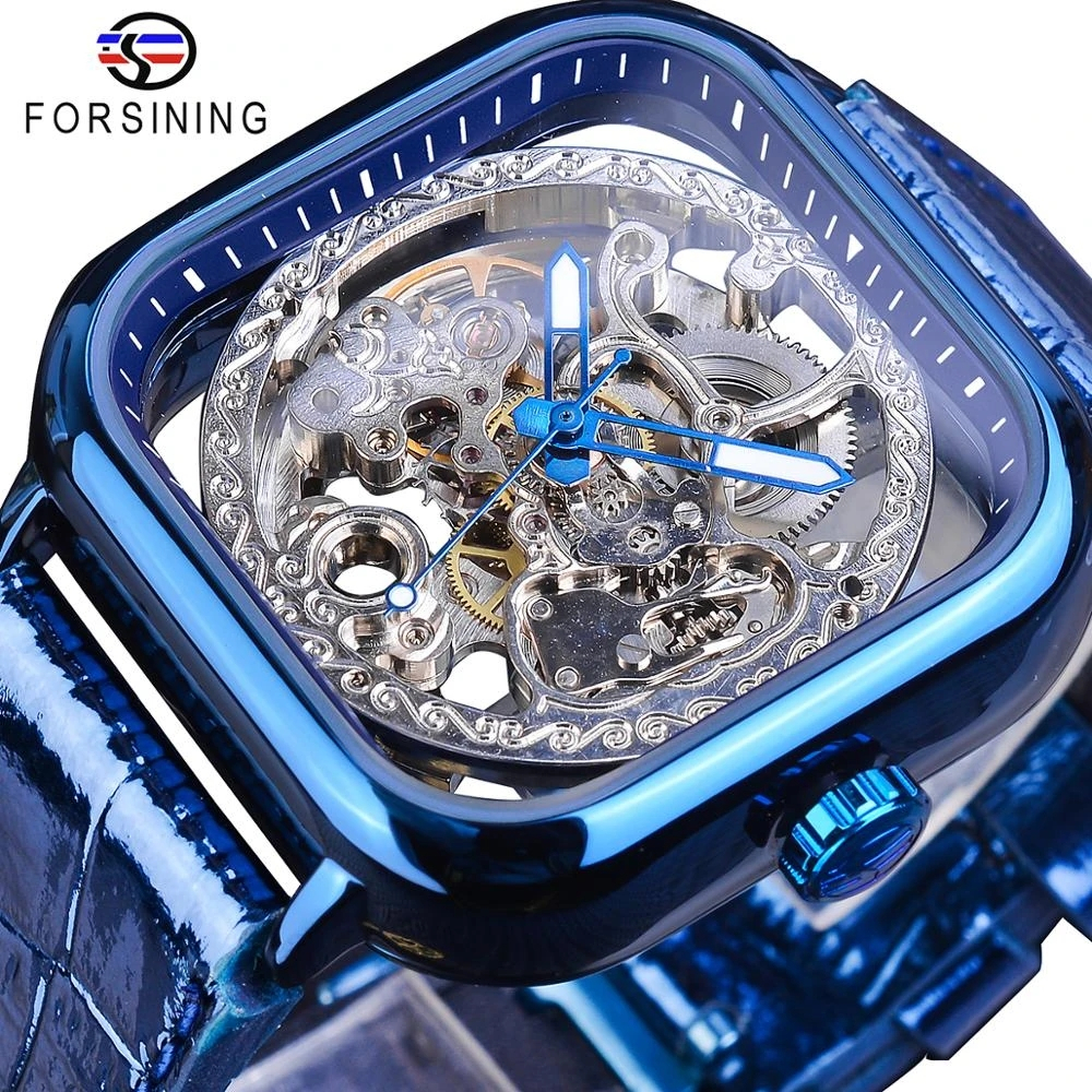 Forsining 藍色經典商務現代設計男士商務自動手錶頂級品牌豪華機械鏤空時鐘男