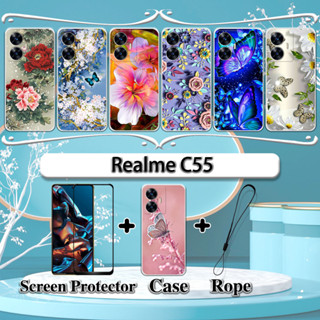 2 合 1 適用於 Realme C55 手機殼帶鋼化玻璃曲面陶瓷螢幕保護膜花