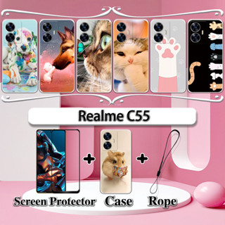 2 合 1 適用於 Realme C55 手機殼,帶鋼化玻璃曲面陶瓷螢幕保護膜貓狗