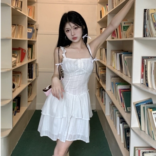 韓版氣質性感吊帶洋裝女裝緊身收腰白色泡泡短袖A字雪紡洋裝