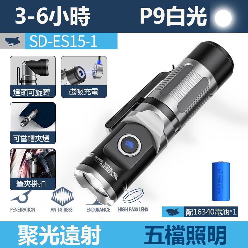 微笑鯊正品 SDES15 迷你強光手電筒 led爆亮小手電 超亮燈珠 磁吸充電帽夾燈 頭部可旋轉 家用便攜外出必備小手電