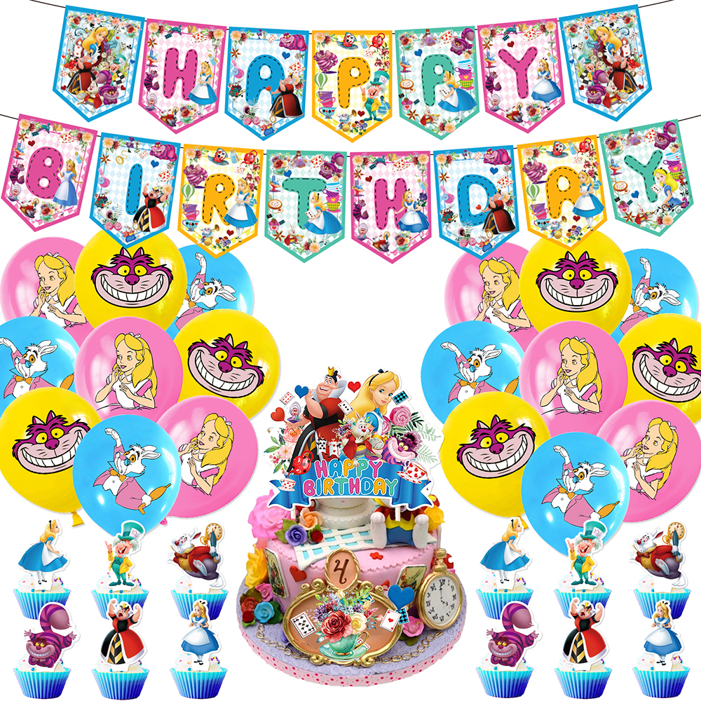 愛麗絲夢遊仙境主題生日橫幅拉旗氣球蛋糕插牌愛麗絲兔子先生紅心女王生日派對背景裝飾兒童少女生日派對道具