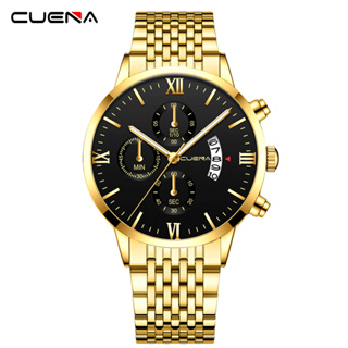 Cuena 男士手錶自動日曆時尚商務運動石英不銹鋼防水 6039