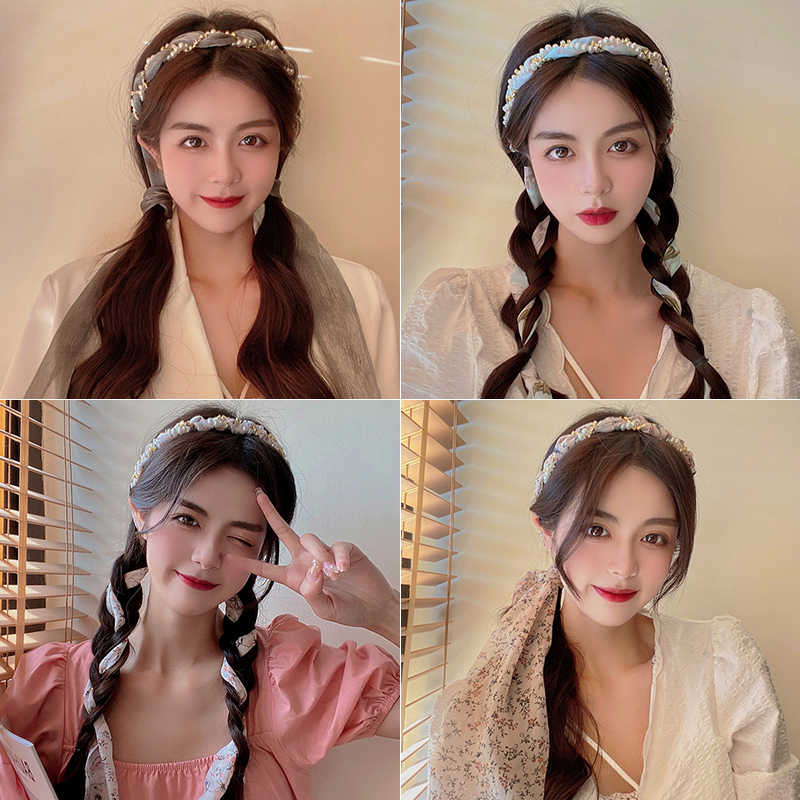 珍珠包裹印花圍巾蝴蝶結頭帶女士優雅時尚韓國髮飾