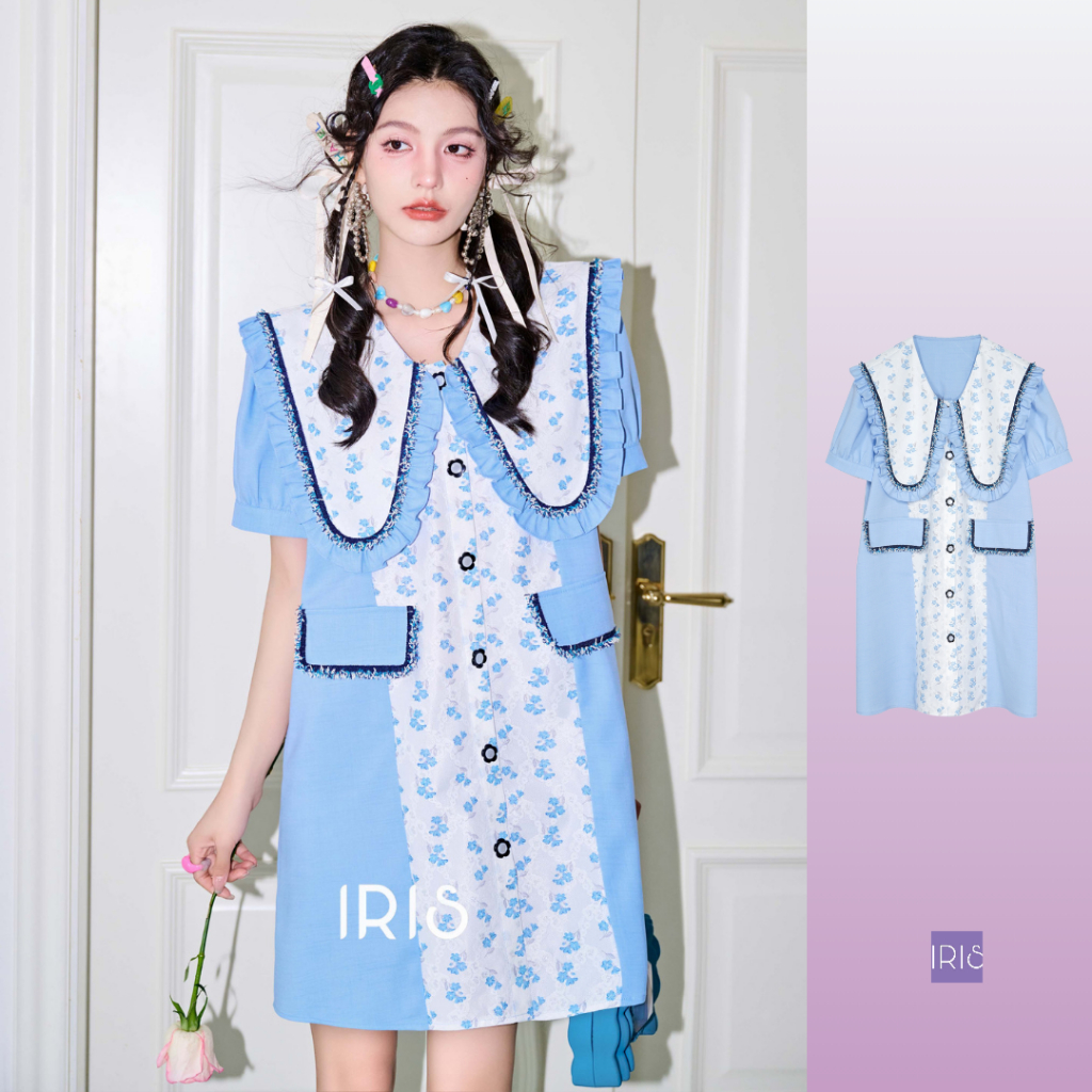 IRIS BOUTIQUE 泰國製造 小眾設計品牌  夏季新品  香香女孩藍色拼接洋裝女