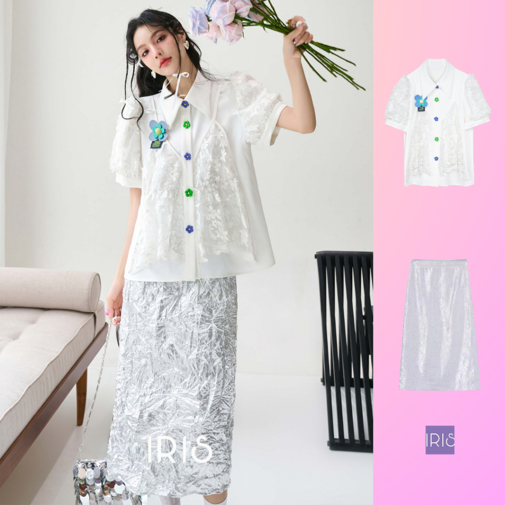 IRIS BOUTIQUE 泰國製造 小眾設計品牌  夏季新品  白色戀人短袖襯衫女銀色半身裙