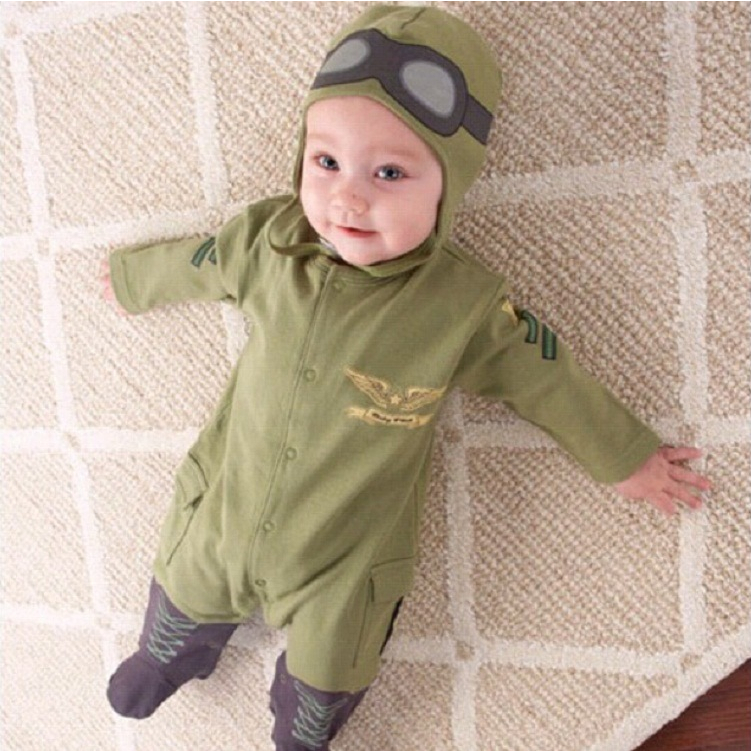 KIDS TALES 兒童故事男童空戰機長袖連體衣帶帽子軍綠色嬰兒飛行員哈珀童裝