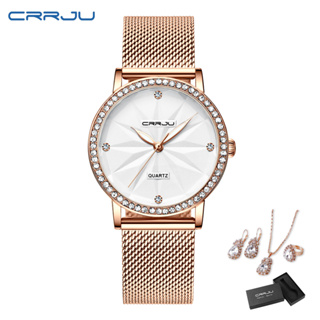 女士手錶 CRRJU 原創品牌不銹鋼防水獨特設計奢華時尚休閒商務石英模擬套裝 5 件 2171-4