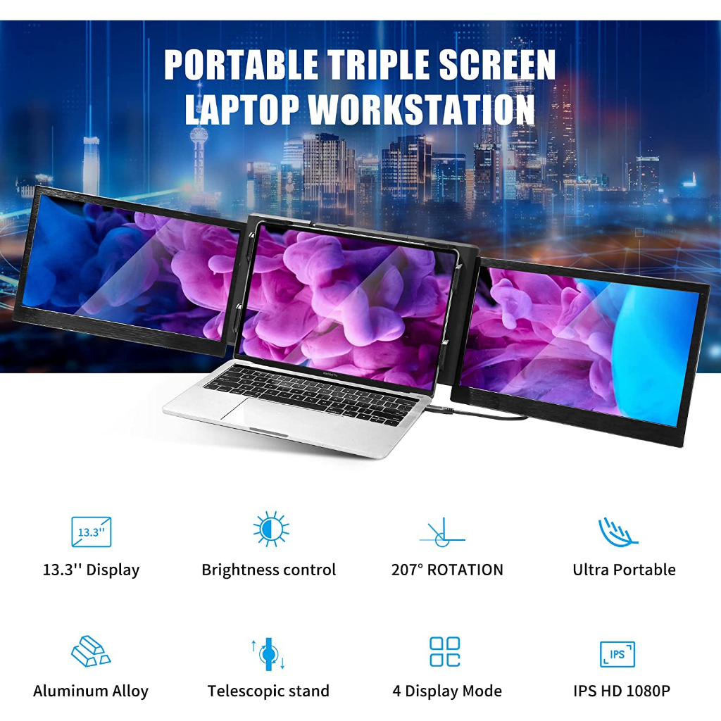 OFIYAA P2 Pro 三重便攜式顯示器 13.3 英寸筆記本電腦屏幕擴展器 1080p 高清 C 型插頭顯示器