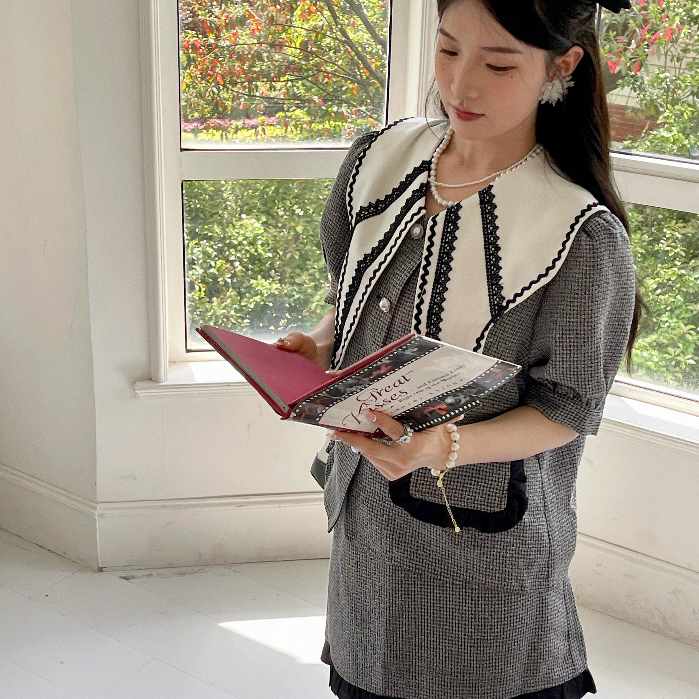 IRIS BOUTIQUE 泰國製造 小眾設計品牌  夏季新品  娃娃領灰色套裝