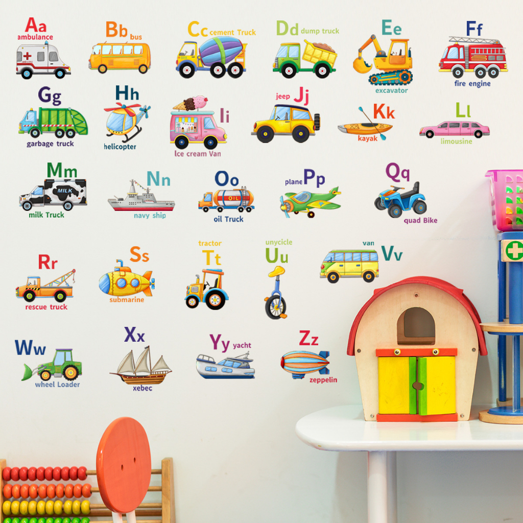 五象設計 牆貼 小汽車英文字母牆貼紙 幼兒園房間裝飾 牆貼 自粘牆貼畫