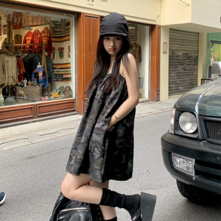 韓版個性街頭吊帶洋裝女裝寬鬆無袖迷彩洋裝