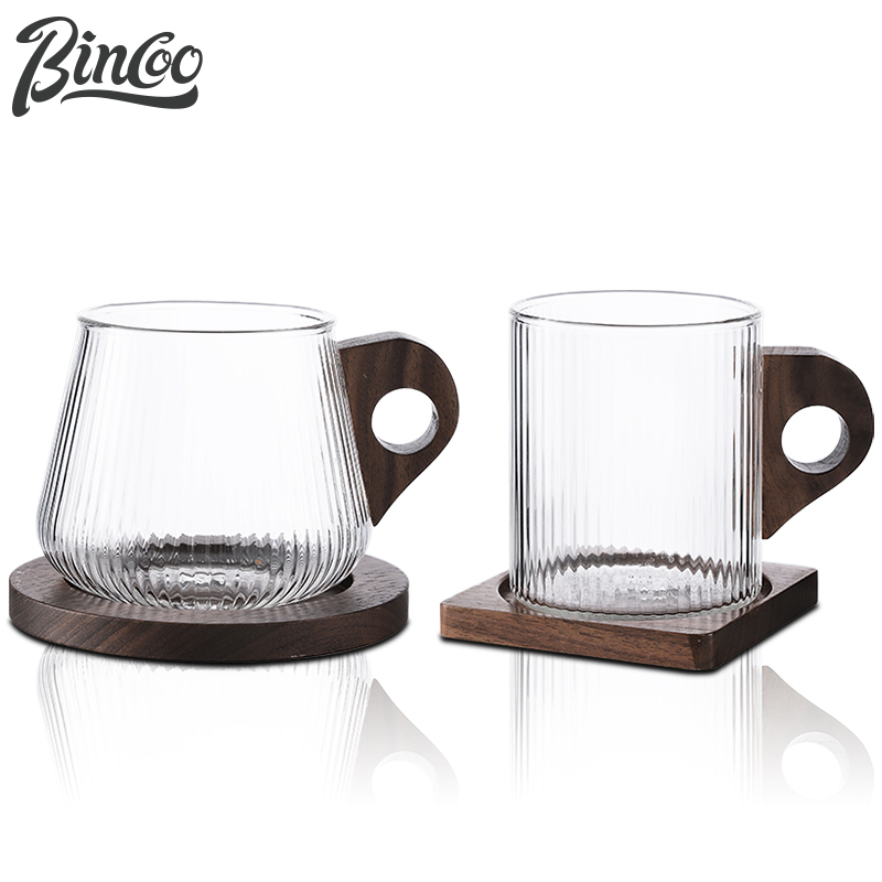 BINCOO 豎紋木柄咖啡杯 復古日式玻璃杯子 意式掛耳拿鐵杯 高顏值水杯 適宜家用辦公室 280ML/450ML