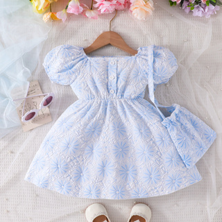 1-6歲女童連衣裙 泡泡袖可愛藍色洋裝 夏季女寶寶連身裙 嬰兒幼童公主裙 嬰幼兒衣服 現貨韓版童裝