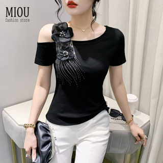 Miou 2023夏季新款歐式露肩短袖女T恤串珠花朵熱鑽修身時尚大號彈力上衣女
