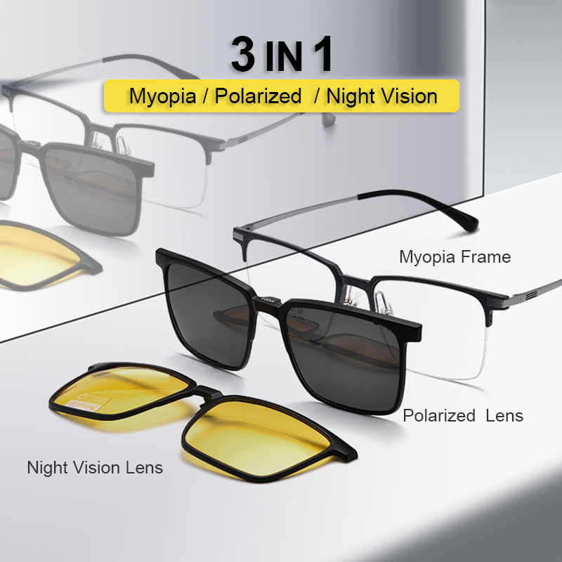 3 合 1 鈦 PEI / Ultem 眼鏡框男士女士司機偏光夜視太陽鏡夾 Lems 半框眼鏡