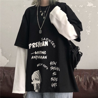 【特賣】韓版秋季韓版鬼系元氣少女ins 風寬鬆可愛藍色假兩件長袖T恤女學生上衣潮weiouxi