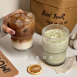 NIKOO★現貨★450ML ins直條紋玻璃咖啡杯帶蓋帶吸管水杯家用高顏值冰美式拿鐵牛奶杯