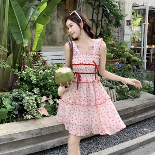 韓版氣質性感吊帶洋裝女裝緊身收腰粉色碎花無袖A字洋裝