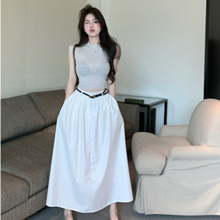 韓版時尚套裝女裝氣質性感緊身彈力針織短袖T恤+高腰中長款A字白色半身裙兩件套