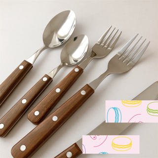 JC | ins風 仿實木柄鏽鋼餐具 質感手柄勺 甜品勺 蛋糕叉 湯勺 勺子 叉子 餐具組 湯匙 飯匙 居家 餐具