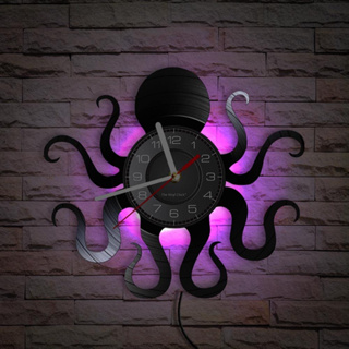 復古章魚軟體動物LED掛鐘，靜音石英無滴答海怪章魚海洋動物懸掛夜光黑膠唱片掛鐘，帶LED背光，適合臥室客廳裝潢