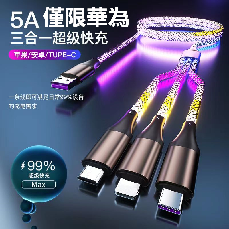 RGB 發光 數據線 三合一 充電線 華為超級快充 66W 幻彩 RGB 呼吸燈 漸變 氛圍燈 車用居家 幻彩數據線