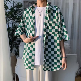 棋盤格短袖襯衫男 M-3XL 高級感潮牌港風寬鬆襯衫 夏季潮ins百搭短袖外套
