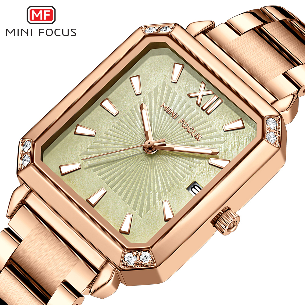 Minifocus 女士長方形腕錶時尚方形錶殼女士手錶奢侈品牌不銹鋼錶帶石英鐘