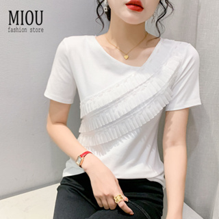 Miou 2023春夏新款個性不規則荷葉邊繫帶花珠短袖女T恤時尚小襯衫彈力女上衣