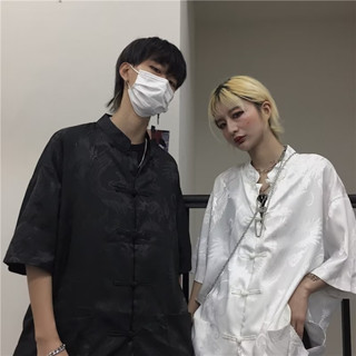 盤扣唐裝短袖襯衫男 新中式男裝盤扣襯衫男 夏季龍袍中山裝唐裝 冰絲防曬衣外套 國風道袍 立領休閒外套