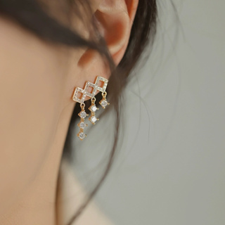 三層設計流蘇閃光鑽石面板方形耳環女士韓國