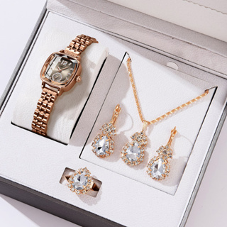 原裝 CRRJU 品牌女士手錶不銹鋼獨特風格方形設計小錶盤時尚奢華休閒商務石英防水套裝 5 件 5014-4