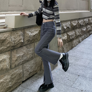 韓版時尚復古灰色高腰直筒牛仔褲女設計感開叉微喇叭褲緊身長褲