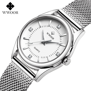 Wwoor 手錶女士奢侈品牌日常正裝手鍊手錶銀色不銹鋼鑽石手錶女士時鐘-8852
