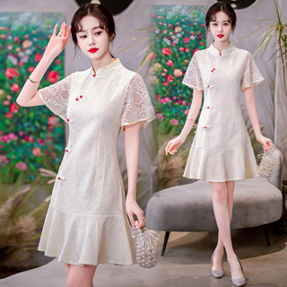 中國風改良式旗袍 實拍新款現貨優雅復古氣質緊身旗袍蕾絲洋裝