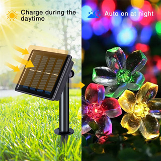 太陽能花環燈 7m 12m 22m 桃花太陽能燈電源 LED 燈串童話燈戶外花園婚禮裝飾。