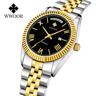 Wwoor 手錶男士豪華不銹鋼帶日曆防水男時鐘週石英手錶-8886