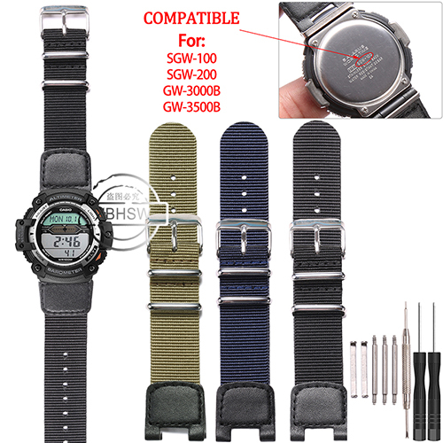 高級尼龍錶帶用於卡西歐SGW-100 PAS-400B GW-3000B PAW-1300男士超薄皮革錶帶手錶配件