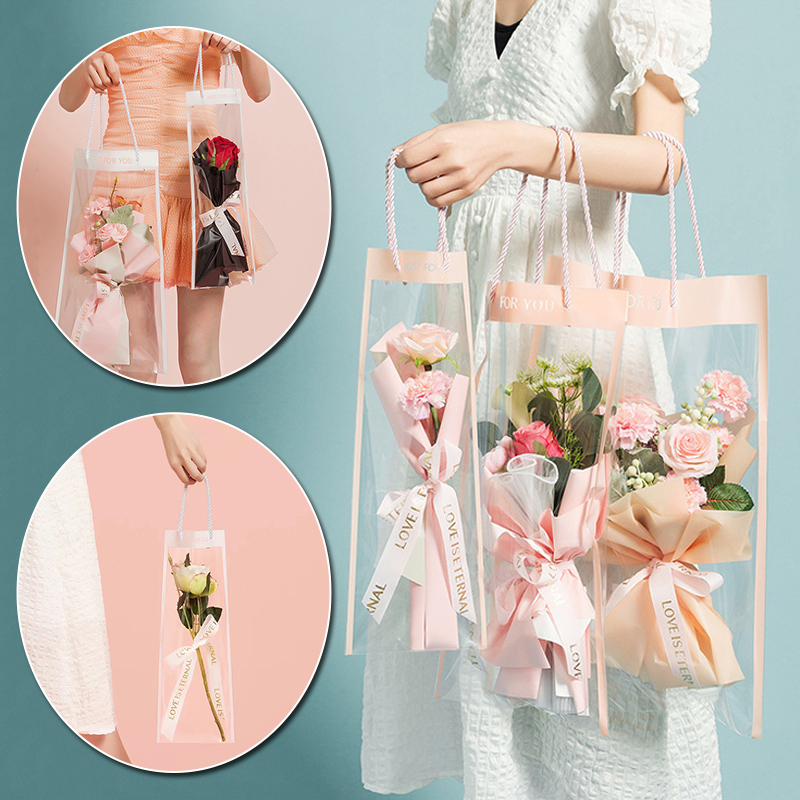 10 件裝 鮮花包裝盒 透明 PVC 長手提袋 畢業禮物包裝袋