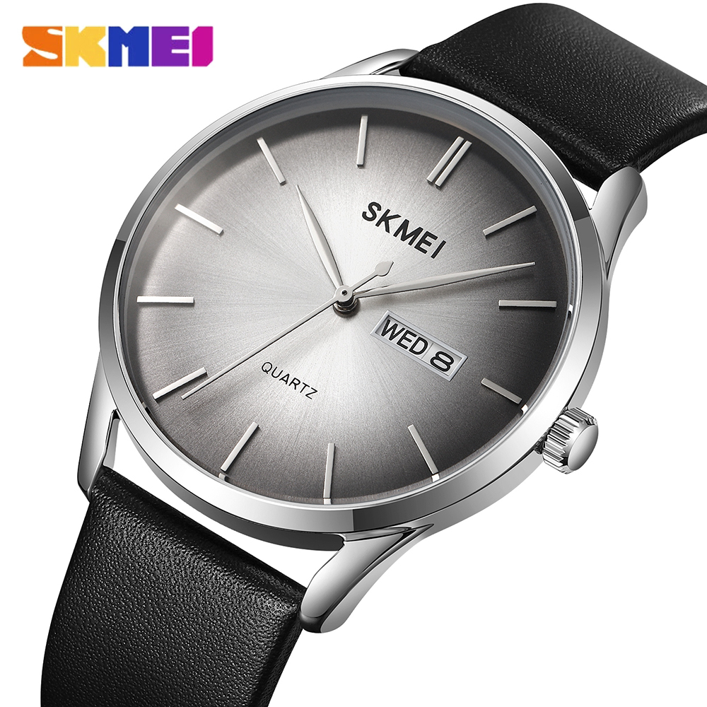Skmei 經典石英手錶男士商務黑色皮革合金錶盤運動手錶日期星期顯示時尚無數字男手錶