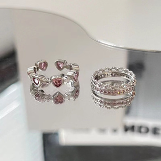 粉色愛心戒指 鋯石皇冠小眾高級感開口可調整戒指手飾