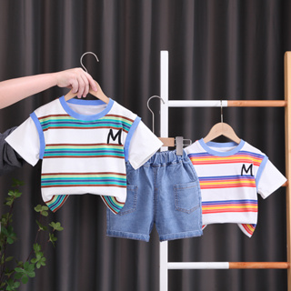 全新兒童純棉夏季男嬰女童衣服條紋 T 恤短褲 2 件/套嬰兒兒童時尚幼兒運動服 0-7 歲