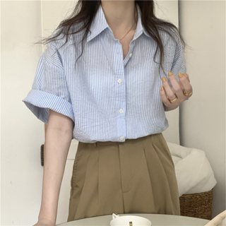 韓系簡約藍色條紋polo領短袖襯衫女夏季減齡寬鬆百搭休閒上衣