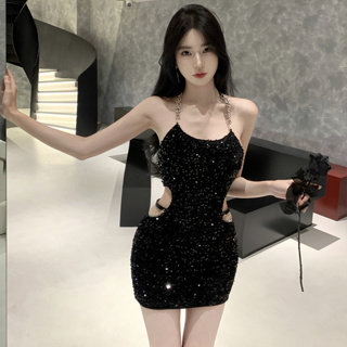 韓版高級性感吊帶洋裝女裝緊身收腰鏤空露腰亮片設計緊身包臀無袖黑色洋裝