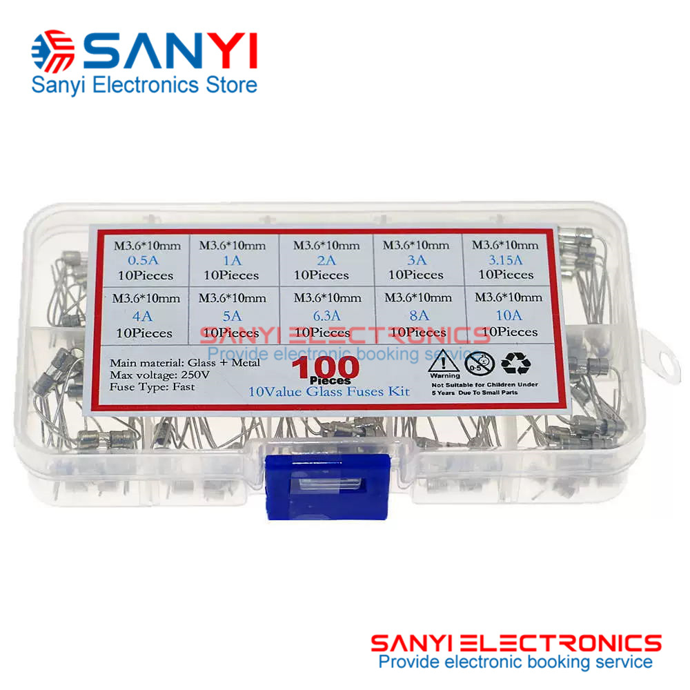 100個盒裝 3.6x10mm帶腳玻璃保險絲慢斷 0.5A~10A 插件保險管套裝