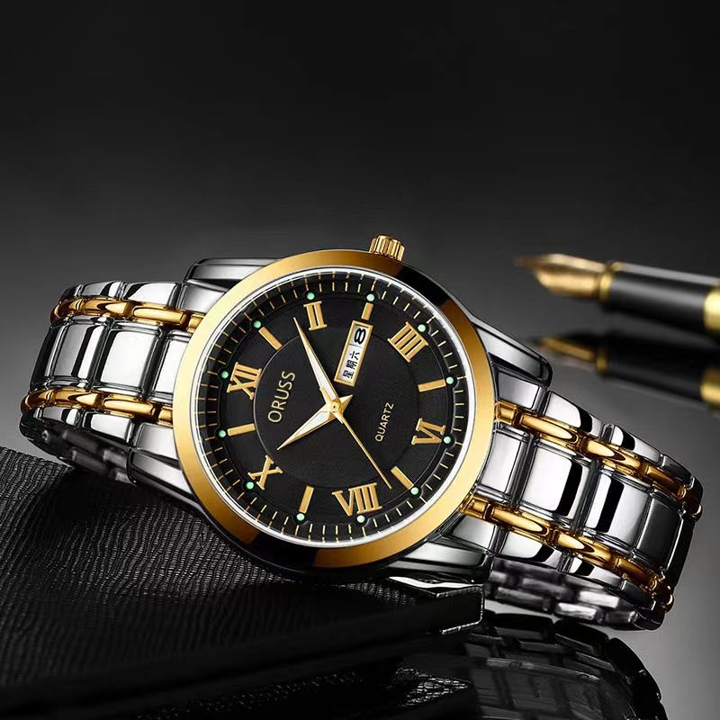 原裝ORUSS+SENO男士防水簡約超薄豪華商務時尚手錶自動石英雙日曆不鏽鋼女士腕錶