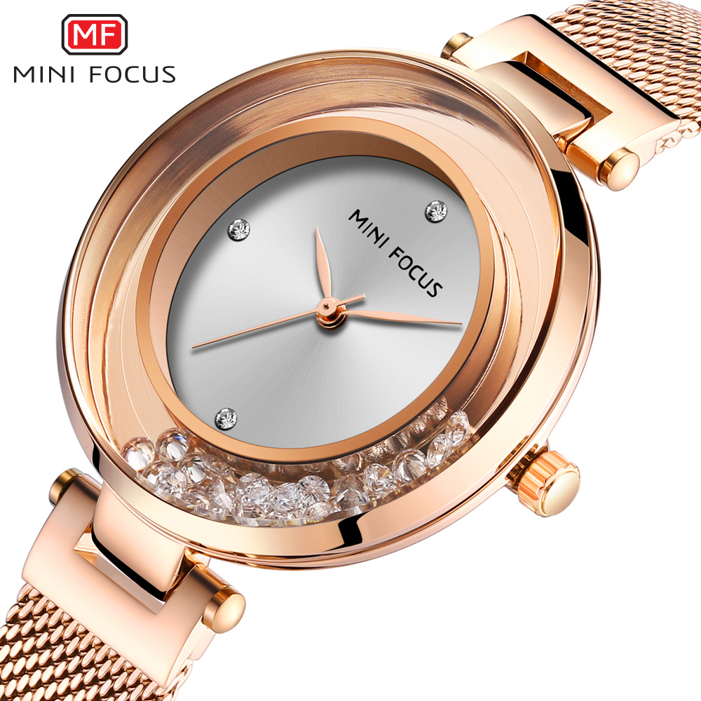 MINI FOCUS 迷你焦點品牌時尚女士石英手錶 0254L 鋼網帶洋裝連衣裙水鑽錶盤模擬女士手錶