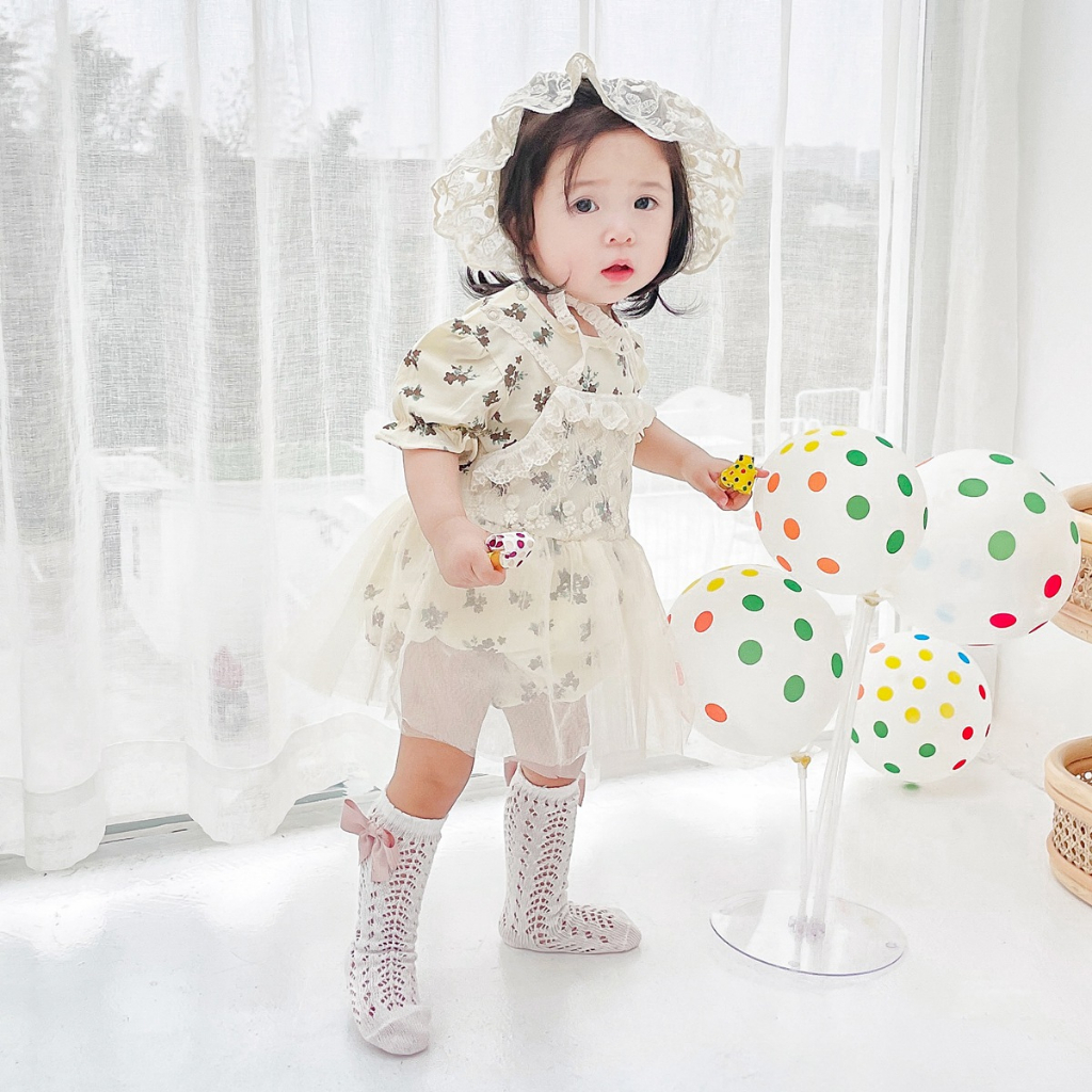 Sanlutoz 可愛女寶寶連體衣夏季短袖公主蕾絲純棉嬰兒服裝帶帽子